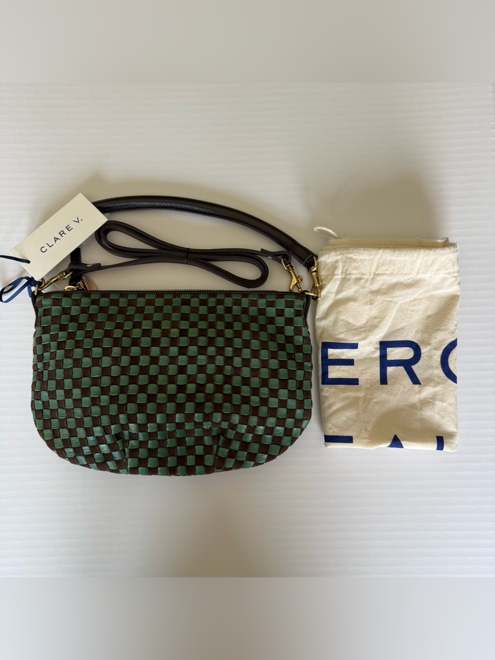 Clare V. Woven Leather Crossbody Bag Green Brown NWT